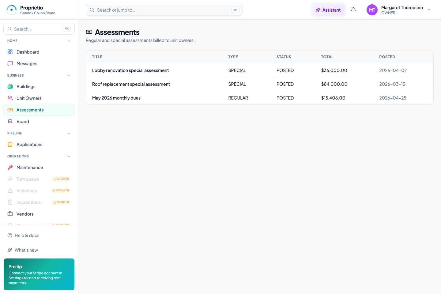 HOA assessments table with regular dues and special assessments