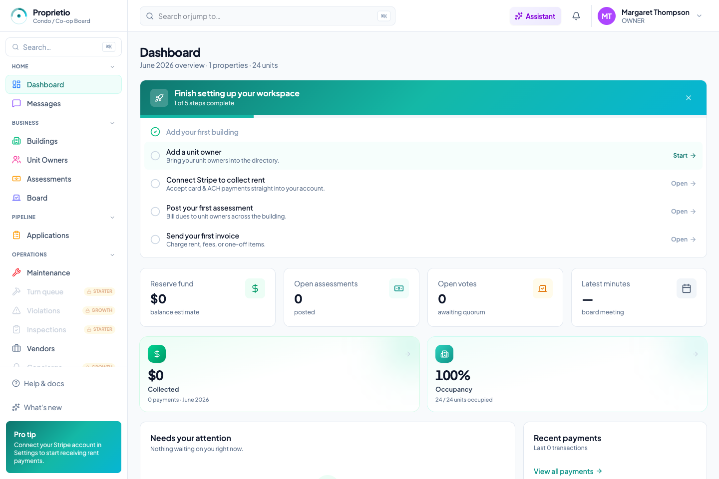 HOA dashboard with reserve fund, open assessments, open votes and occupancy